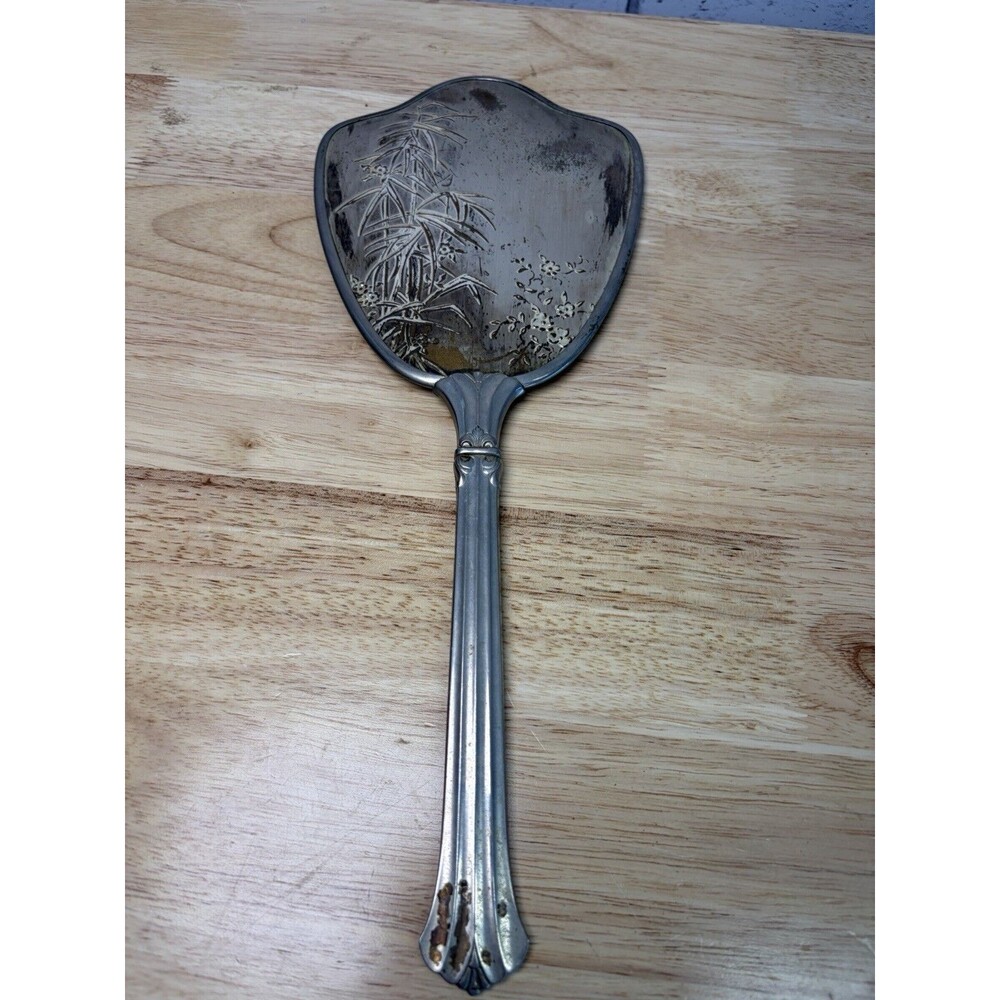 Vintage Export Chinese Silver Hand Mirror Etched Bamboo floral Pattern